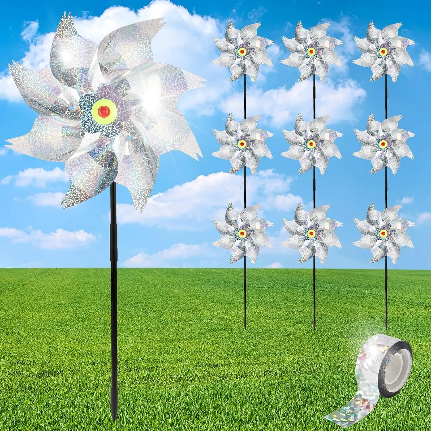 10Pack Pinwheels for Yard and Garden, Reflective Pinwheels to Scare Birds Away, Sparkly Sliver Pin Wheels with Bird Scare Tape for Outside (Pack of 10)