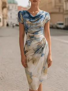 Elegant Midi Dress with All over Print, Comfortable Short Sleeve Artistic Blurred Ruched Design, Perfect for Evening Outings, Women's Fashion Clothing