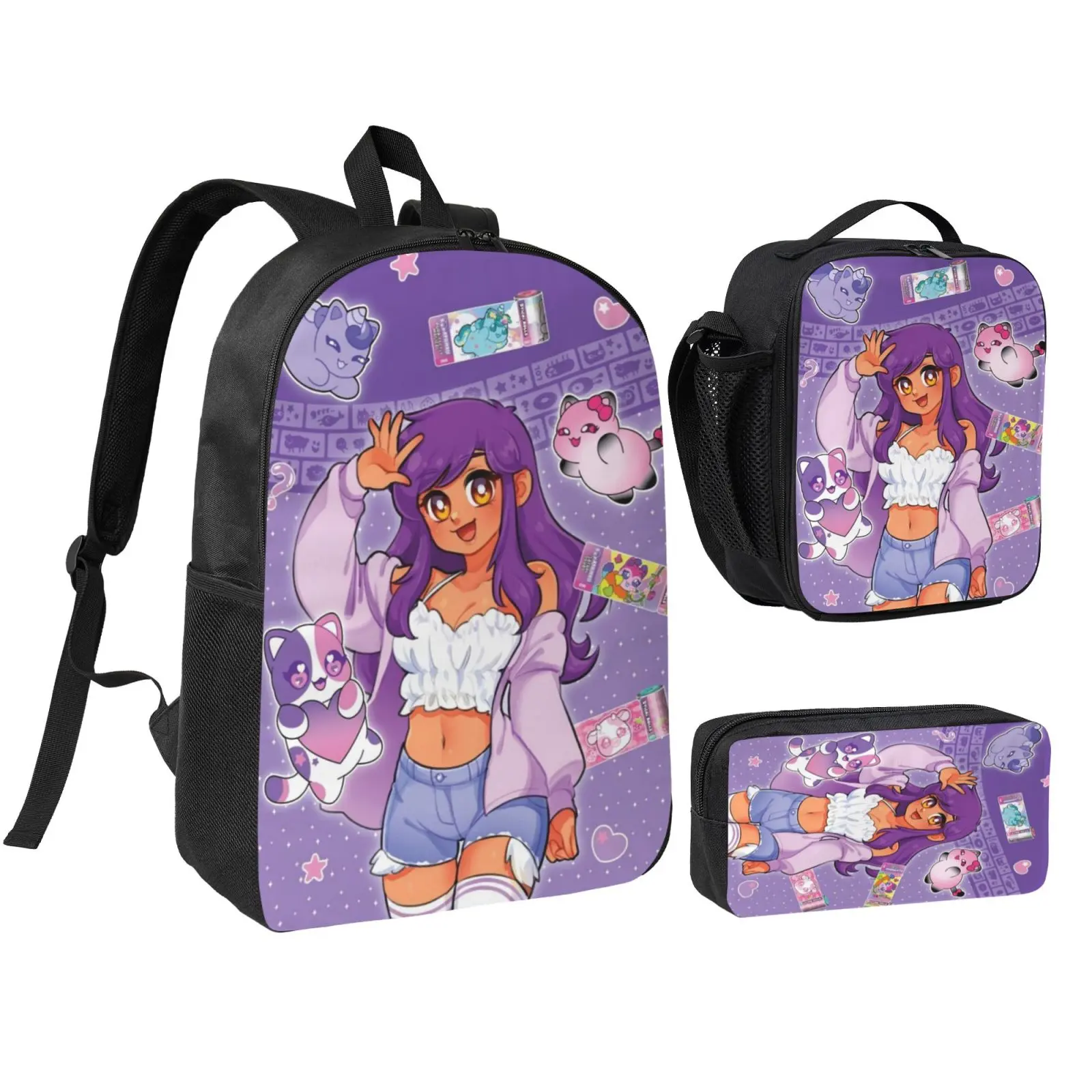 3Pcs Anime Aphmau2 School Backpack Combo Set for Teen Boys & Girls, Ergonomic Adjustable Straps Student Bookbag with Insulated Lunch Box and Large Capacity Pencil Case, Daypack for School, Travel & Office Daily Use