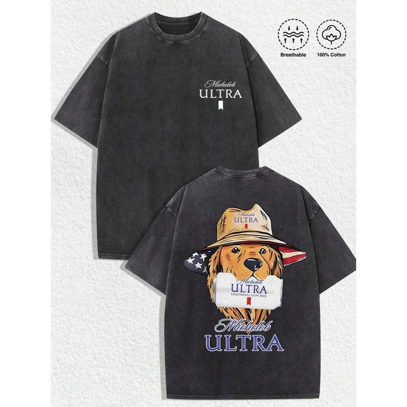 Michelob Ultra American Dog Vintage Tee Cotton Washed Front Logo Back Flag Dog Art Unisex Regular Fit Gray/Dark Gray Crewneck Menswear