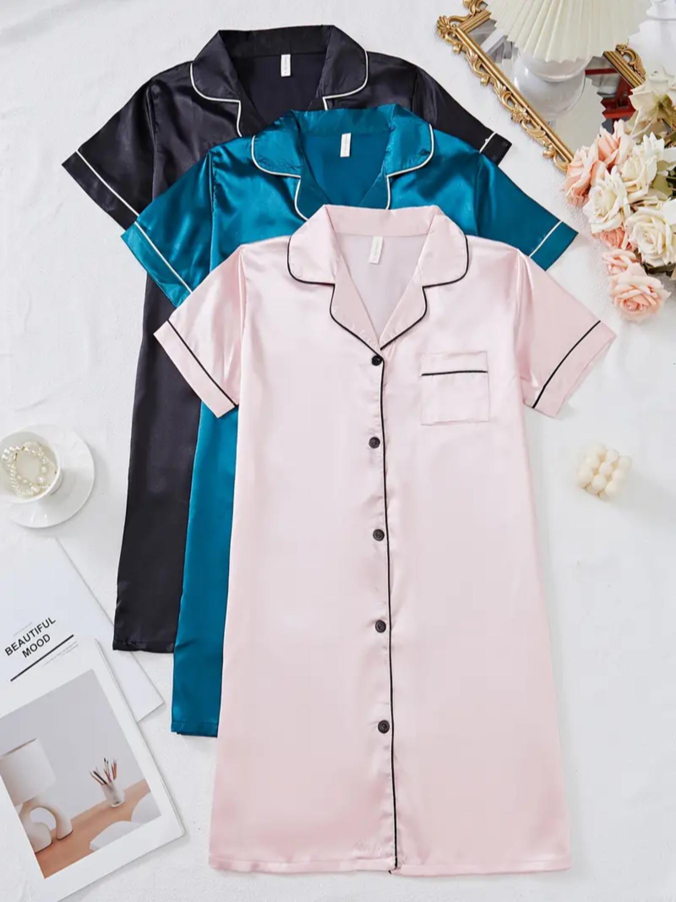 Women's Contrast Binding Button Front Satin Pyjama Dress, Soft Basic Casual Comfy Short Sleeve Lapel Neck Pocket Nightdress, Ladies Sleepwear for All Seasons, Lounge Pajama Style, Pajamas, Loungewear, Homewear