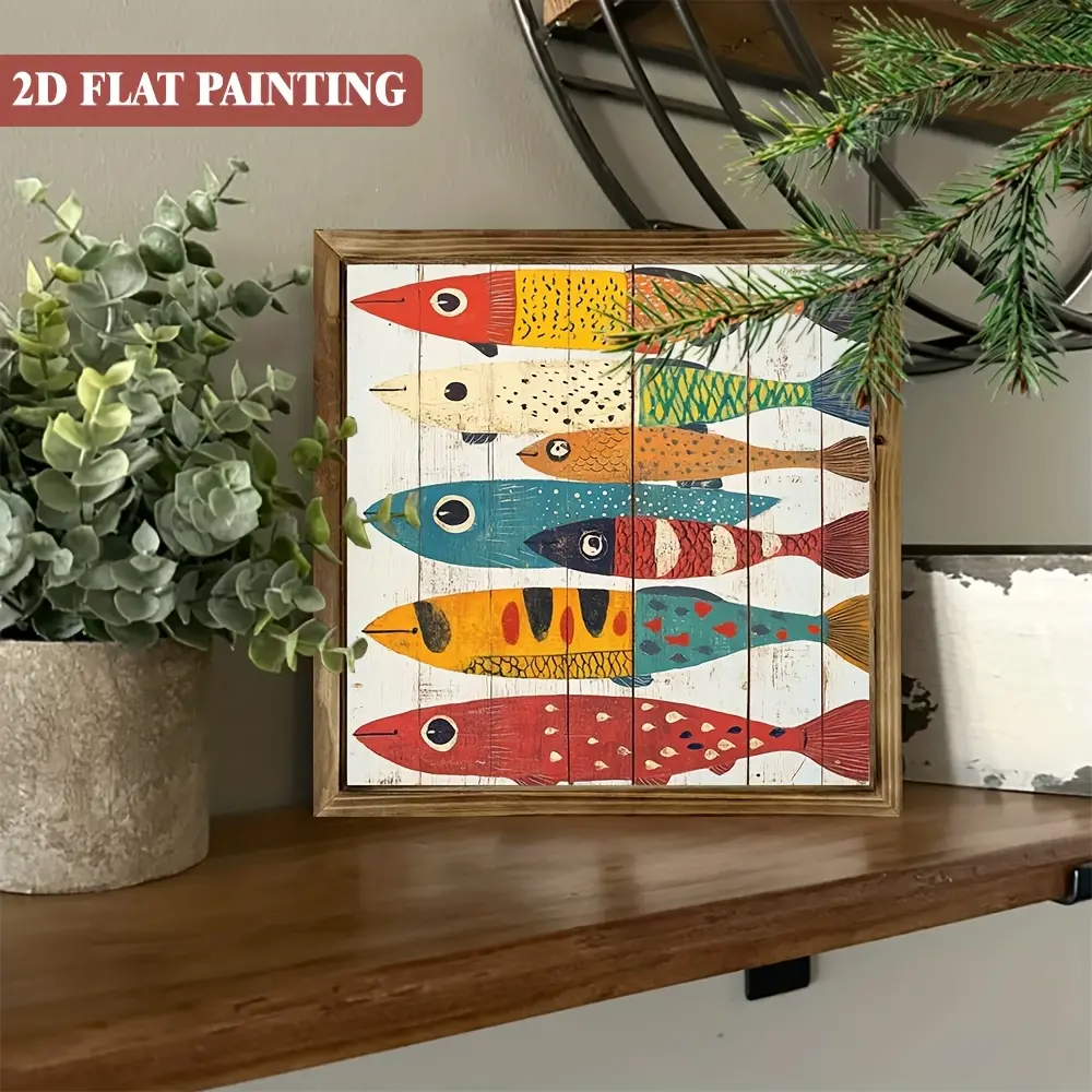 2D Flat, 1pc Rustic Coastal Wooden Fish Wall Art Sign with Frame - Vintage Nautical Folk Style, 8x8 Inch Hand-Painted-Look Multi-Color Fish (Blue, Red, Yellow, Green, White) - Wood Frame for Home, Office, Cafe, Bathroom Decor, 2D Flat