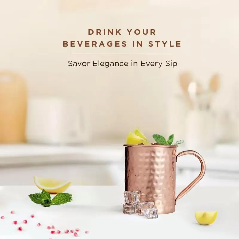 16Oz Handmade Solid Copper Moscow Mule Mugs, Barrel Shaped Hammered Texture Cocktail Cups with Sturdy Brass Handles, Food Grade Copper Drinkware for Home Bar Party, Ideal Christmas Halloween Holiday & Housewarming Gift, Drinking Mug