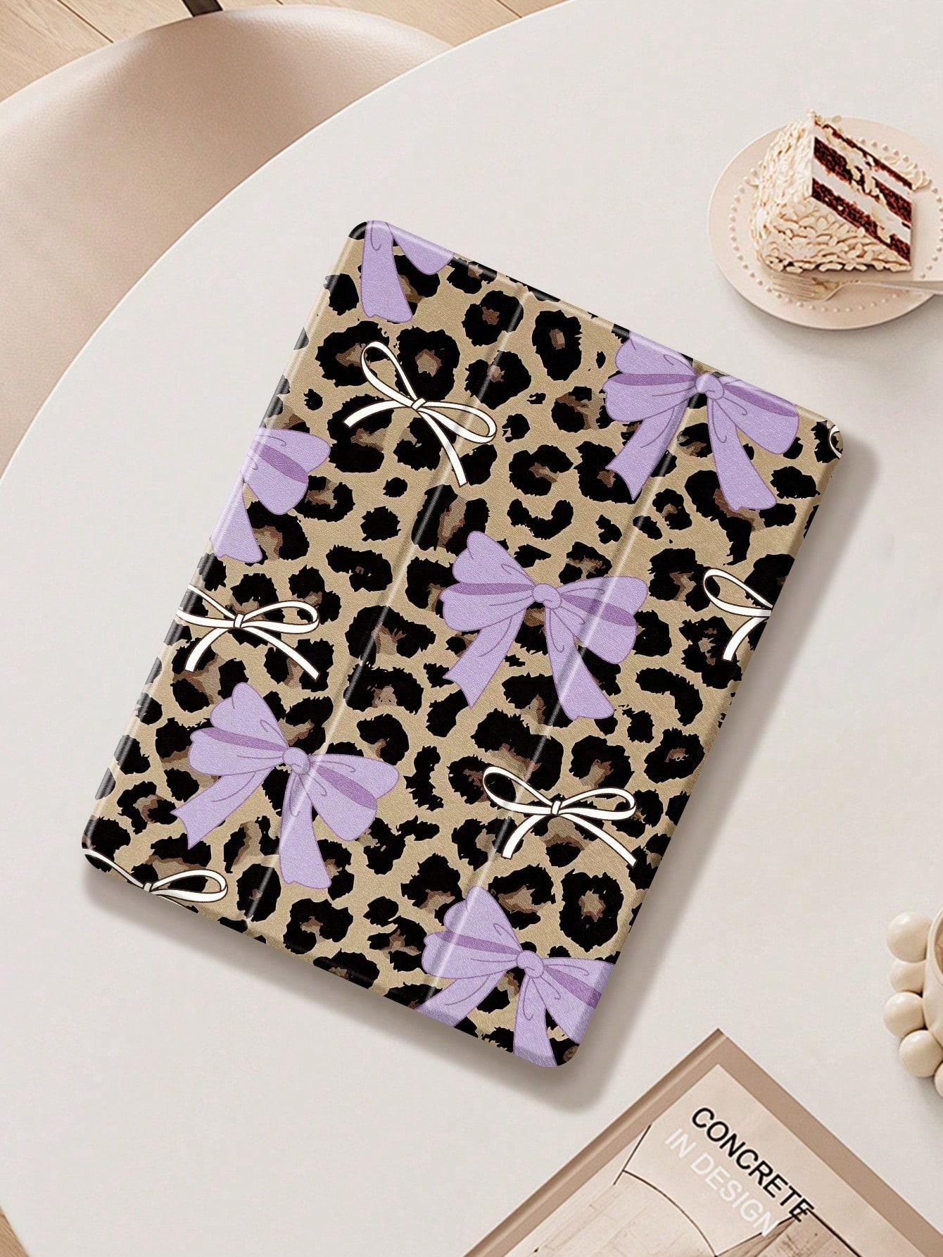 Leopard Bow IPad tablet Case, Compatible with Ipad 10th gen,ipad Mini 4/5/6/7, 2024 air 11inch, 11th 2025, 2019/2020/2021 10.2inch, air 5/6/7, and Samsung A7/A8/A9/S7/S8/S9, Automatic Wake Up/Sleep/built-in Pen Slot, Three-fold Protective Tablet Case