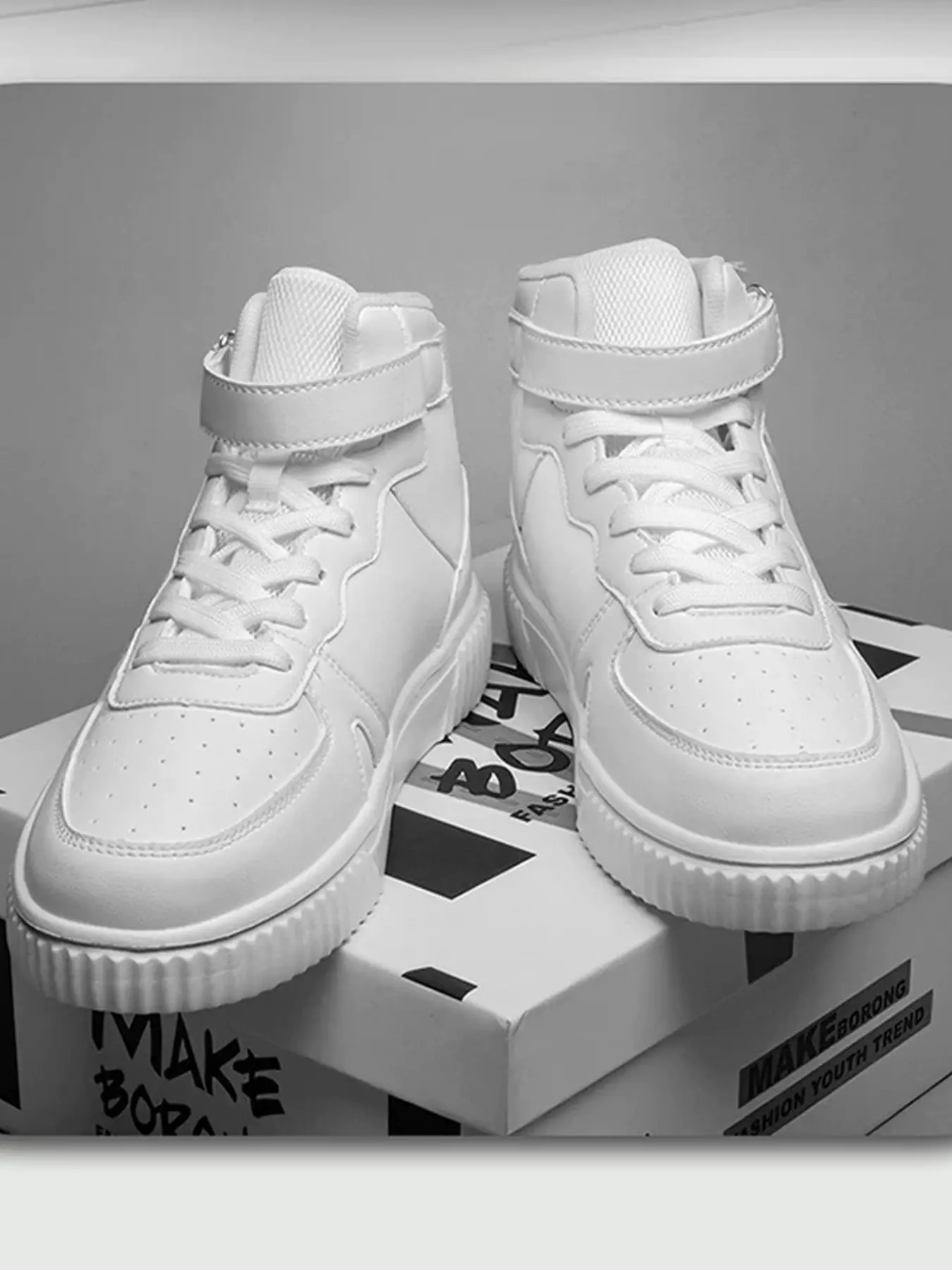 Men's All- High Top Velcro Board Shoes, Thick Sole Height Boost Anti-Slip PU Leather Skate Shoes, Streetwear Casual Sporty Sneakers