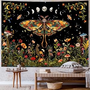 Orange Butterfly Tapestry Retro Floral Flower Tapestry Moon Phase Tapestry Aesthetic Vintage Boho Wall Tapestry Botanical Mushroom Tapestry Wall Hanging for Bedroom