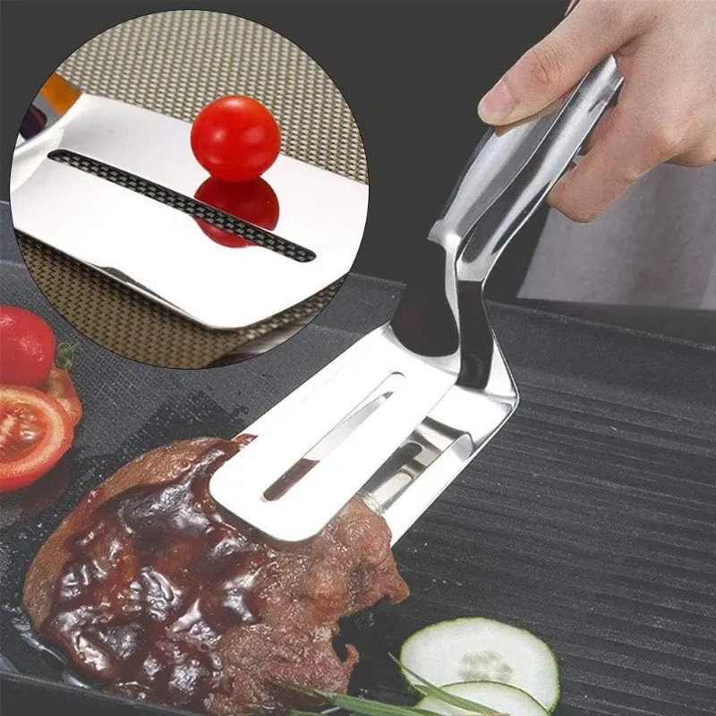 1pc Stainless Steel Spatula and Food Tongs, 2-in-1 BBQ Grill Spatula for Fish Steak Pancake, Thin Slotted Kitchen Cooking Tool for Home Camping Outdoor BBQ