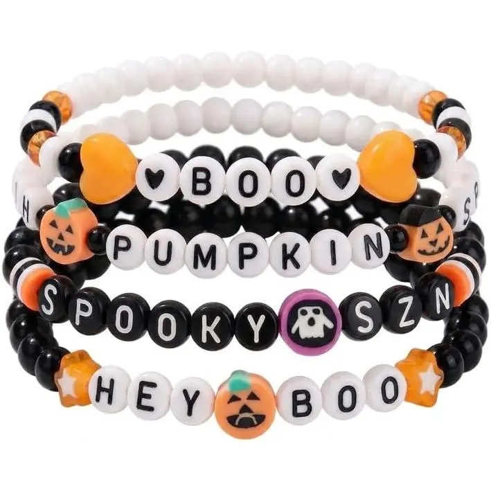 Women's Lead-Free Synthetic Gothic Skull Skeleton Beaded Layers Stretchable Stack Bracelets Set, Halloween Holiday Party Fashion Costume Jewelry Accessories Gifts