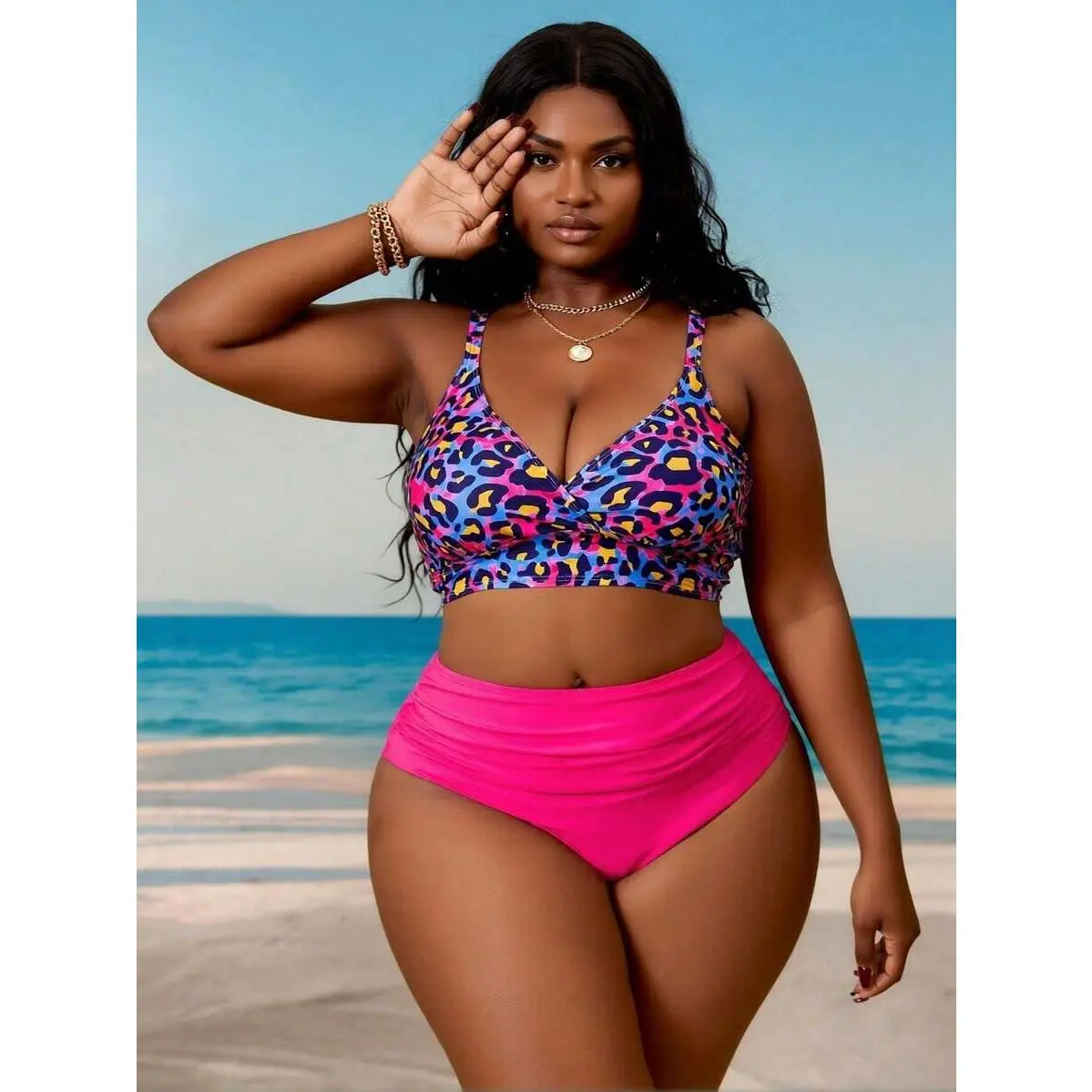 Women's 2026 Luxury Leopard Print Bikini Set - V-Neck Cross Design, High Waist Tummy-Hiding Bottoms, Plus Size Vacation Swimwear, Bikini for Curvy Moms, Stretch, High Waisted, Machine Washable, Multicolor, Plus Size Tummy-Hiding, 3Xl, 2Xl, Plus Size Fashi