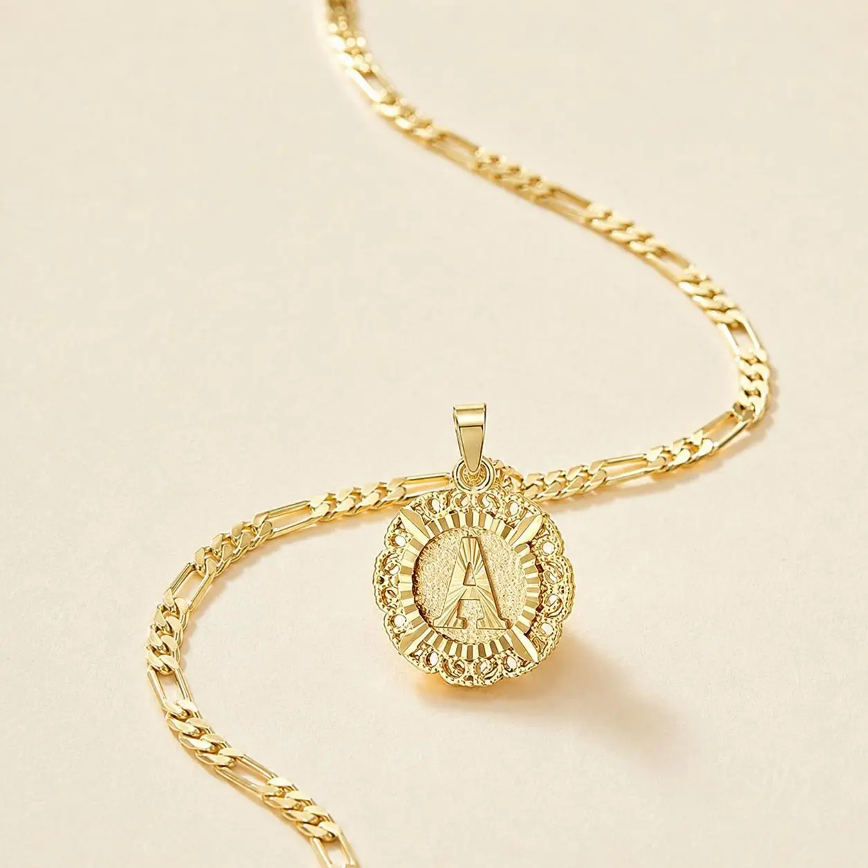 14K Gold Plated Round A-Z Letter Pendant Capital Monogram Necklace, Personalized Initial Pendant Necklace Figaro Chain Trendy Couple Necklace Daily Vacations, Party Wear, Jewelry, Holiday Gift