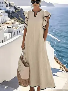 Women's Elegant Colorblock V-Neck Dress, Loose Ruffle Sleeve Long Dress, Breathable Fabric, Summer Casual Wear Style, Pocket Design