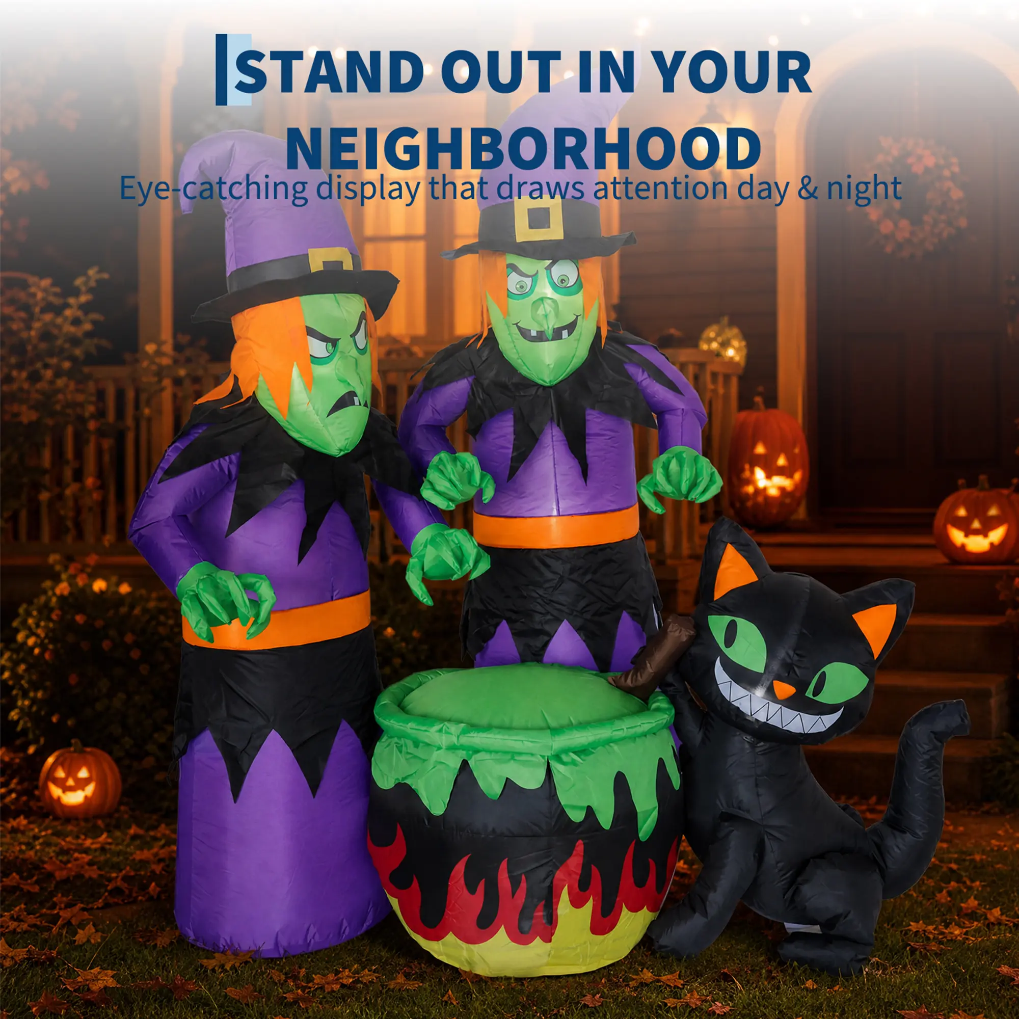 Garvee 6 FT Halloween Witches and Black Cat Inflatable with Cauldron, 6 Built-In LED Lights, Outdoor Yard Decoration with Blower, Stakes and Ropes for Lawn, Porch, Patio, Garden and Haunted House Parties