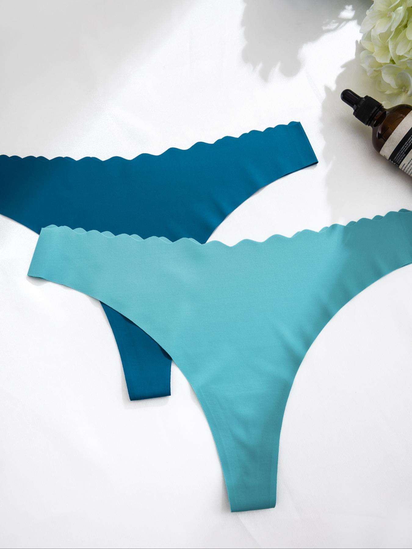 Women's Solid Scallop Trim Thong, Soft Comfy Breathable Seamless Drop Waist Panties for Daily Wear, Ladies Underwear for All Seasons, Panties Collection, Seamless Panties Set