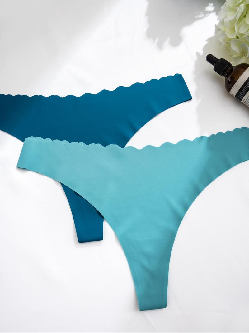Women's Solid Scallop Trim Thong, Soft Comfy Breathable Seamless Drop Waist Panties for Daily Wear, Ladies Underwear for All Seasons, Panties Collection, Seamless Panties Set