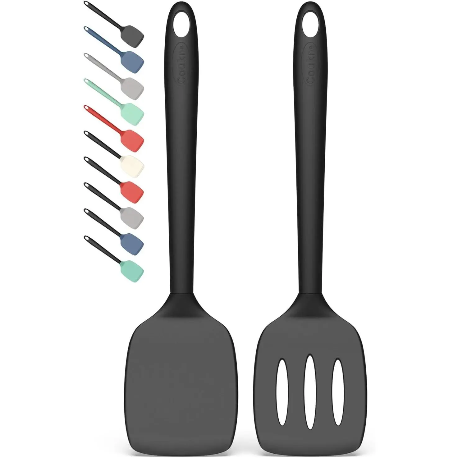 2 Pack Silicone Spatula Set, High Heat Resistant BPA Free Kitchen Spatula, Solid & Slotted Turner for Non-Stick Pans, Sautéing & Flipping, Pure Black