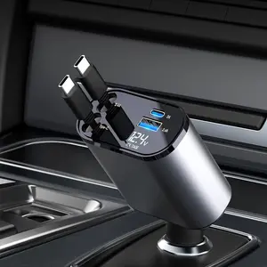 4 in 1 Dual Retractable Cable Car Charger with Voltage Display, Double Port USB C Fast Charging Car Cigarette Lighter Adapter Compatible with iPhone 15 Pro Max, iPad, Samsung