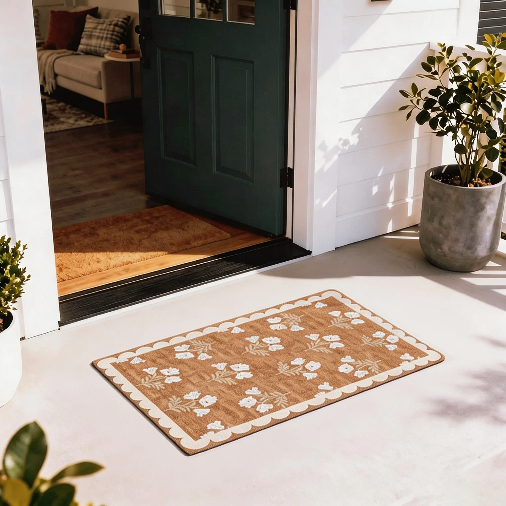 Front Door Mat Outside Entrance, 2x3 Ft Floral Print Rug Non-Slip Washable Doormat, Indoor Outdoor, Decorative Rug, Tan Neutral Farmhouse Scalloped Entry Rug for Entryway, Kitchen, Porch, Home Decor, Washable Entry Mats