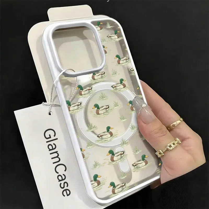 promax,Mallard Duck Pattern Acrylic Shockproof Magnetic Wireless Phone Case - Vintage Wildlife Style Accessory for iPhone 17,16,15,14,13,12,11 Plus Pro Max Handheld Devices, Accessories