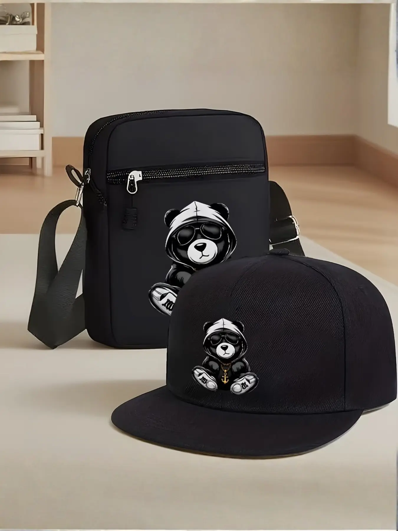 Hiphop Bear Cartoon Bear Graphic Print Unisex Design Baseball Cap and Crossbody Bag Set, Street Fashion Trendy Look Outdoor Sports Travel Hat and Shoulder Bag, Adjustable Gift