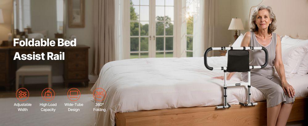 Bed Rail for Elderly, Foldable & Extendable Bedside Assist Rail with Side Handles & PU Handrail, Adjustable Height Carbon Steel Pipe Bedside Cane, Senior Bed Bar Fits King, Queen, Full, Twin