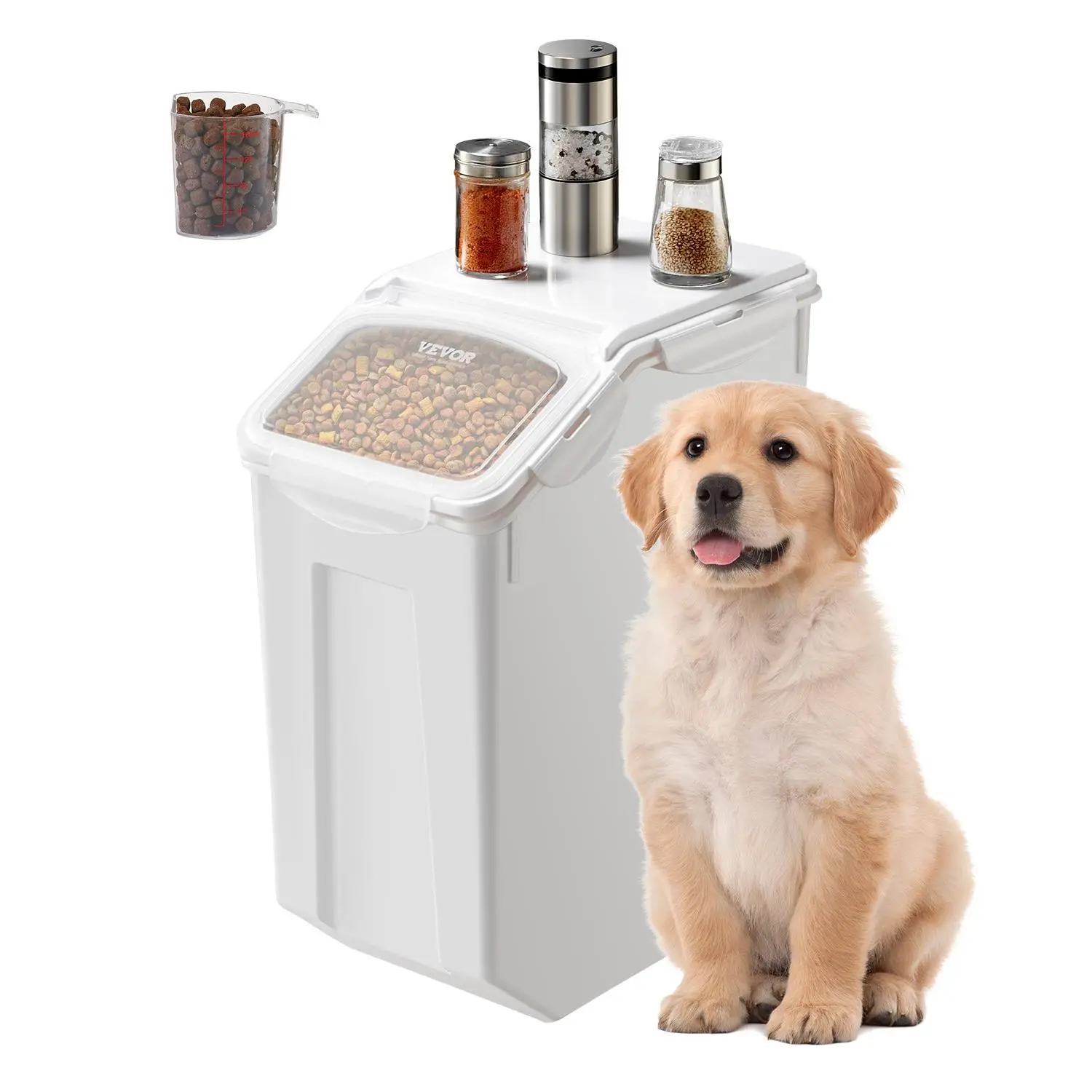 VEVOR Airtight Rice Storage Container with Wheels, 4.5Gallon/20L Stackable Transparent Lid Bin, Dog Food Dispenser with Measuring Cup for Kitchen Grains Cereals Flour, 1 Pack