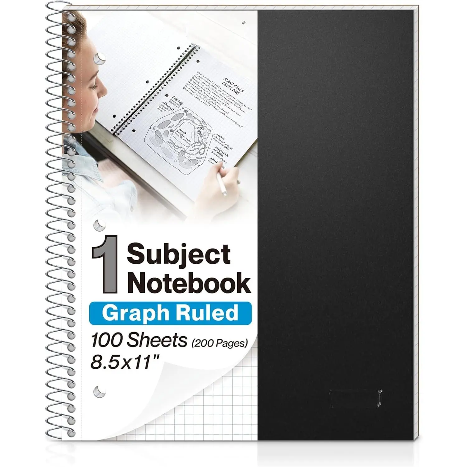 Graph Paper Notebook 8.5 x 11 (Black) Plastic Cover, 100 Sheets (200 Pages), 4x4 Squares, 1 Subject Graph Paper Spiral Notebook, 1/4" Grid, Pocket Divider, Easy -Off, 3-Hole Punched