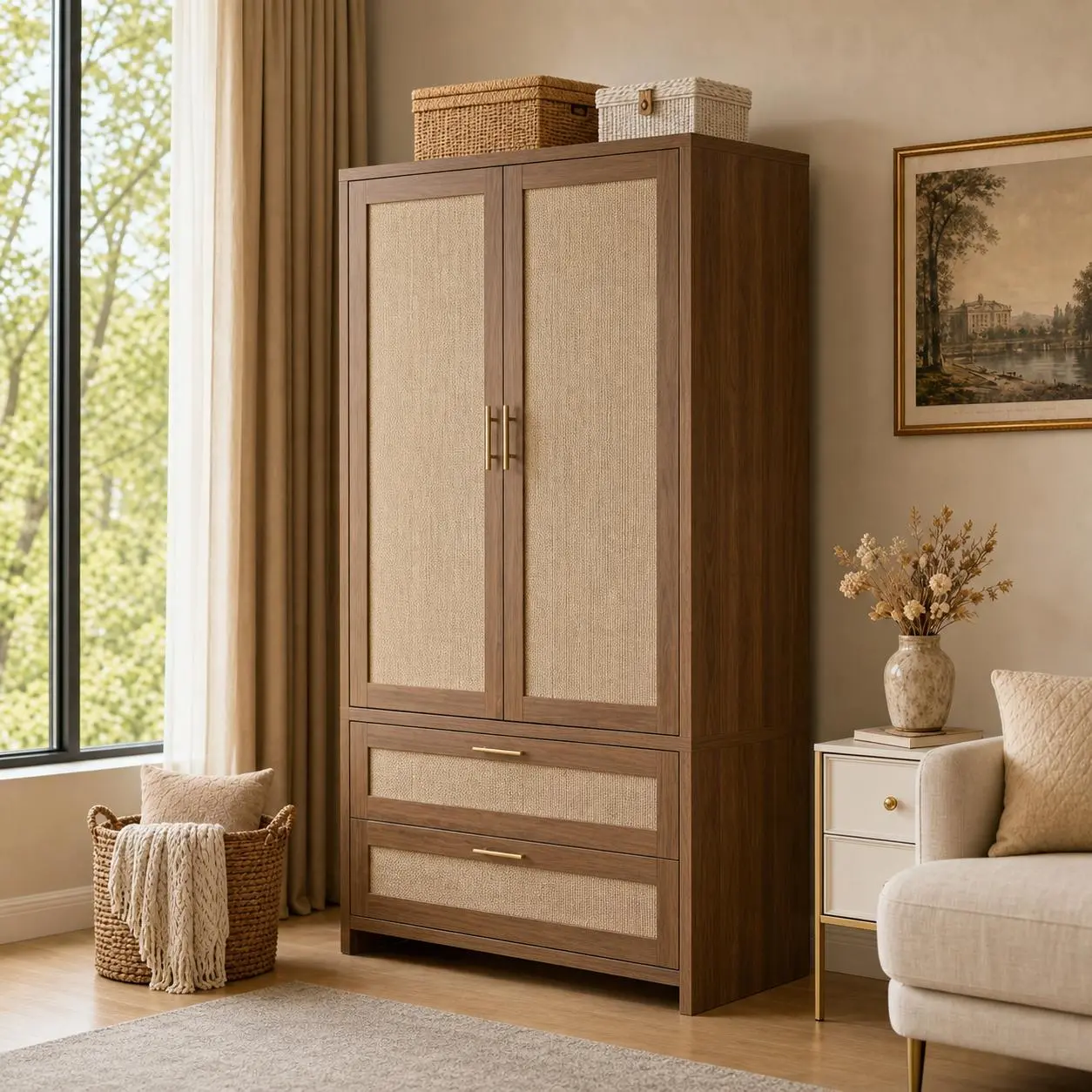 Rattan Armoire Wardrobe Closet with 2 Drawers, 70''H Wardrobe Storage Cabinet with Hanging Rod, Armoire Clothes Organizer for Bedroom, Cloak Room