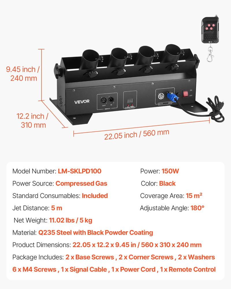 VEVOR Electric Confetti Cannon Machine, High Output 4-Shot Confetti Launcher, DMX512, Manual & Remote Control, Portable Confe-tti Shooter for Wedding Christmas DJ Party Event Show Stage Nightclub