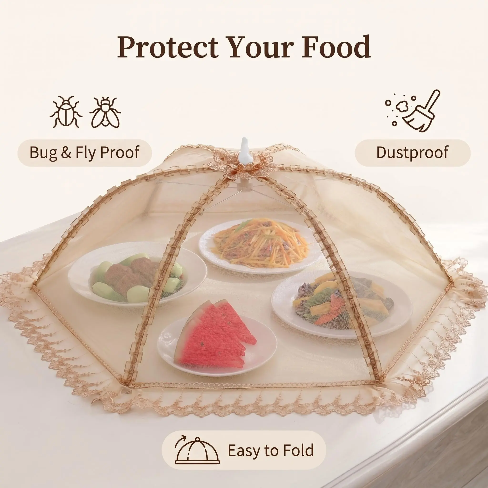Multi-Use Foldable Table Cover, Dustproof Design, Insect-Proof, Lace Trim, Food Protection, Ideal for Restaurant, Living Room, Outdoor Dining