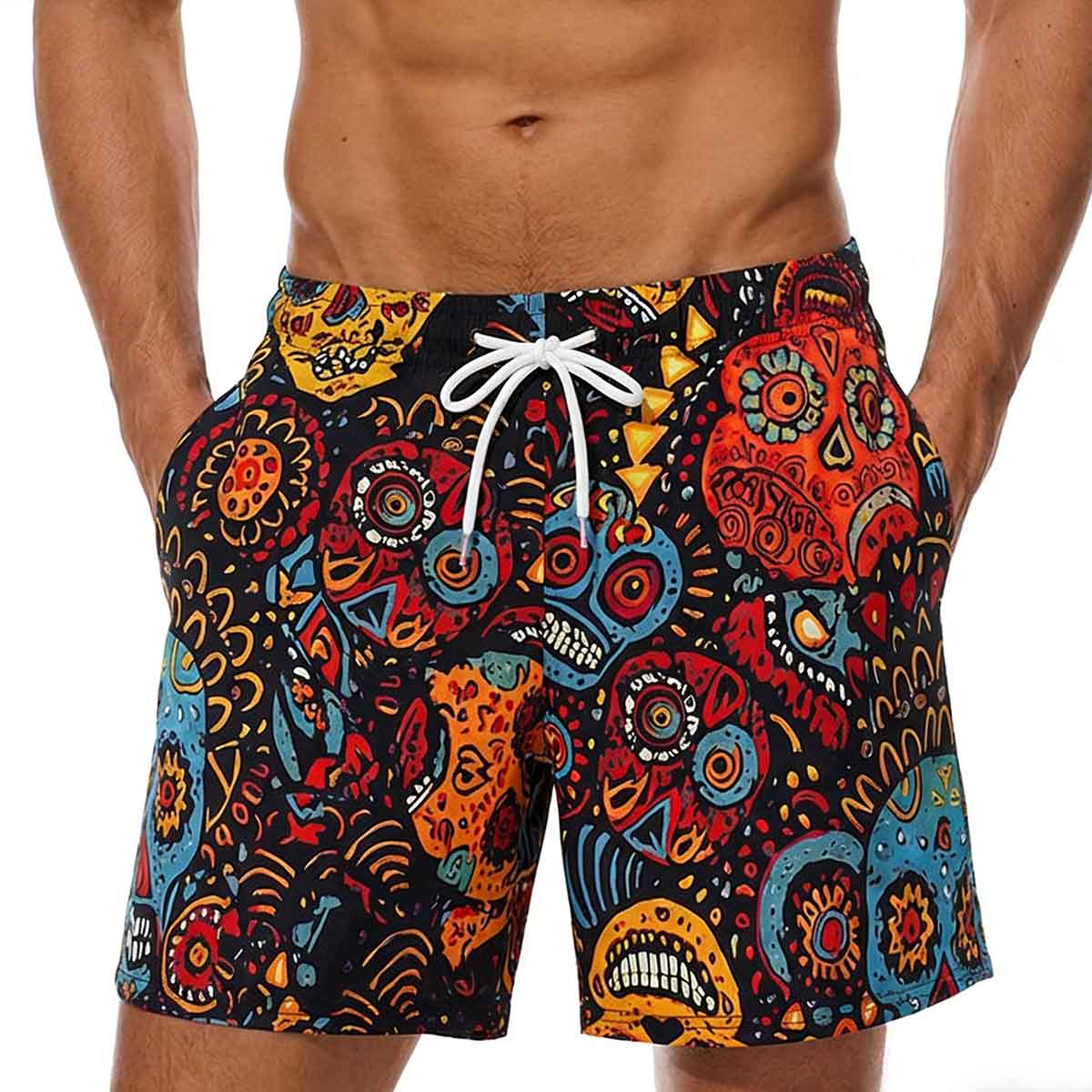 Statement Bold Mens 2 Pack Skull Print Swim Trunks Loose Fit Drawstring Beach Shorts for Vacation Wear and Summer Events