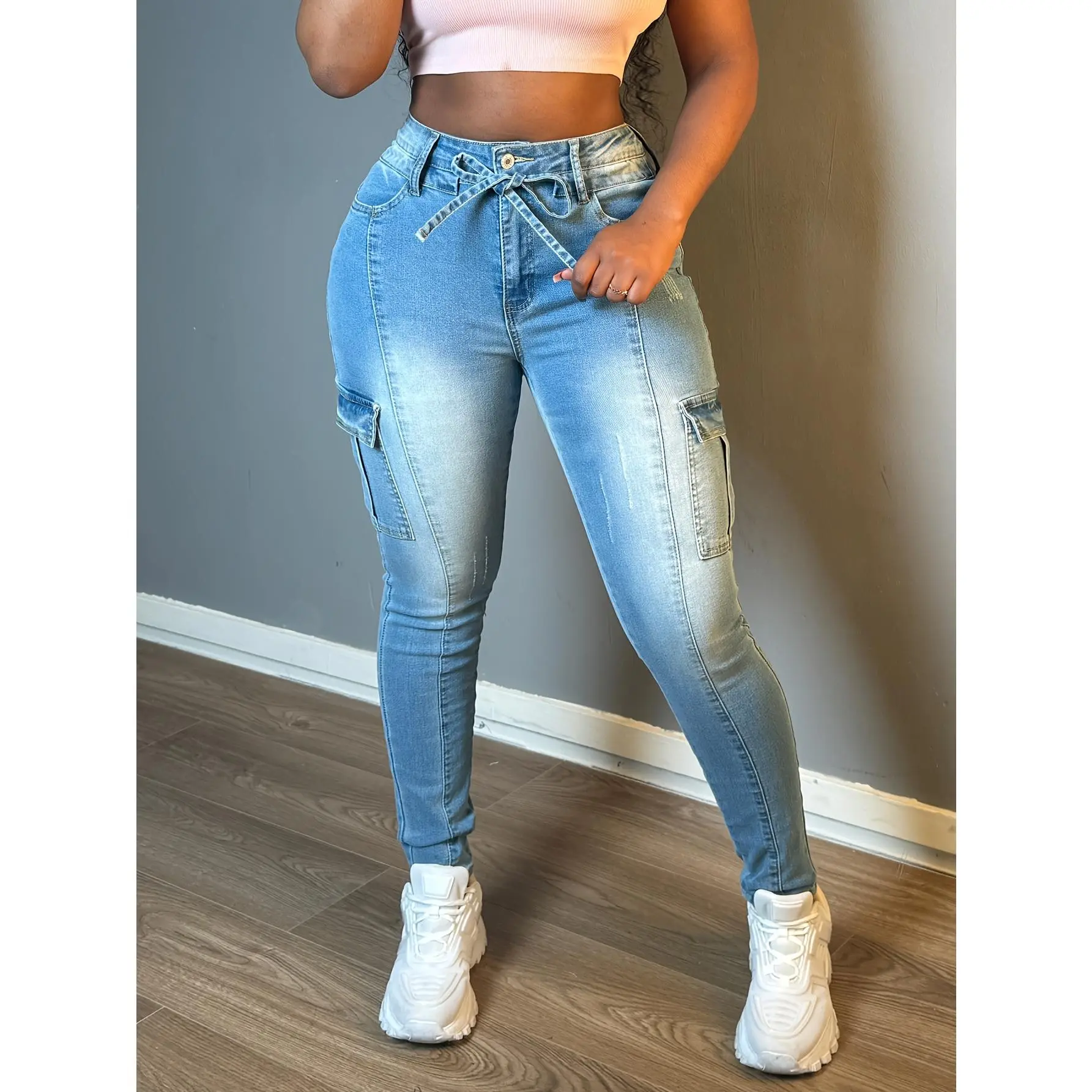 Women'S Functional Denim Trousers with Multiple Pockets, Crafted from Stretchy And Comfortable Material, Ideal for Everyday Casual Use And Versatile Fitted Pants, Washable in a Machine