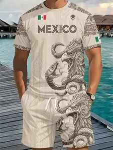 Men's Printed Set with Light Khaki Eagle and Snake Totem Ethnic Pattern, 3D Digital Print 2-Piece Outfit, Matching Outfits Set, Vacation Outfit, Breathable Sports Casual Style, Festival Gift for Men