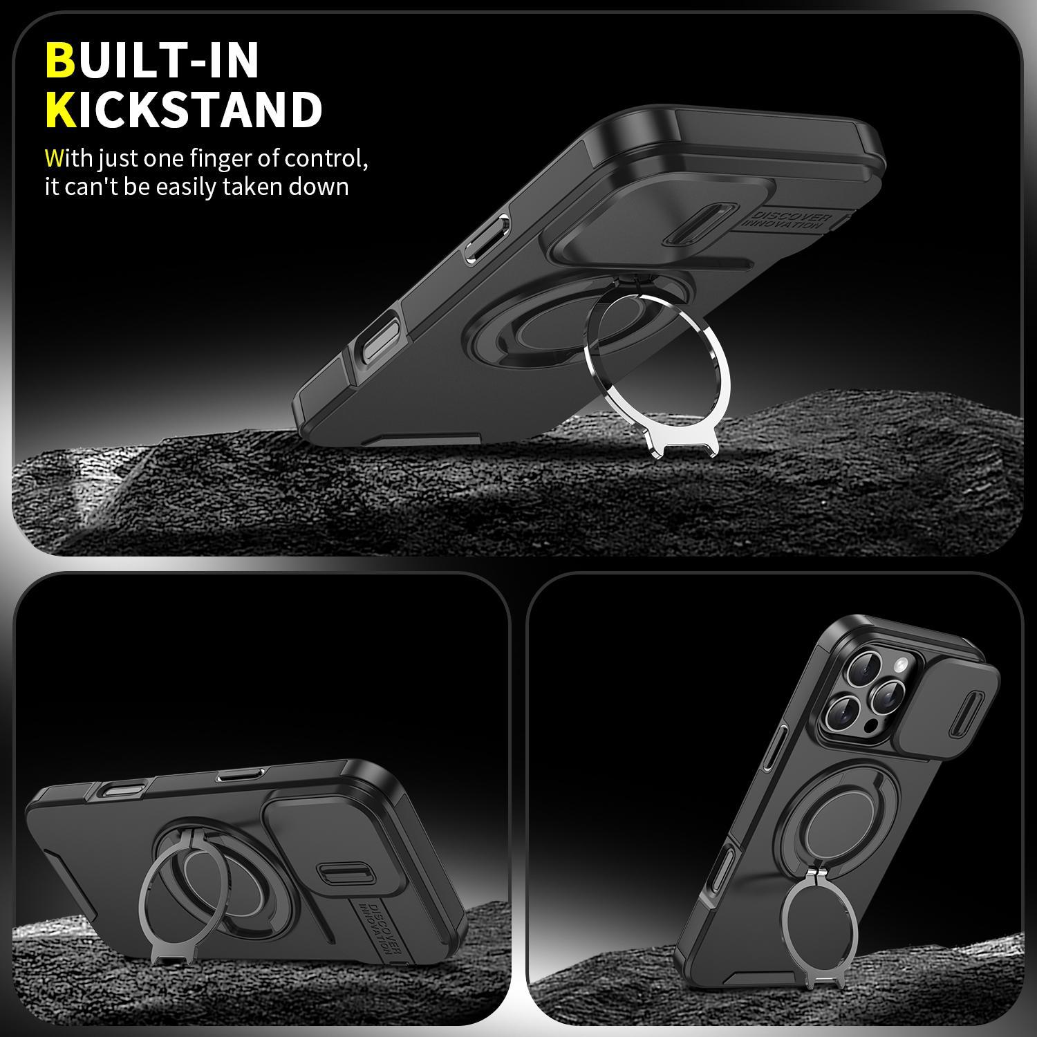 Shockproof Phone Case with Sliding Camera Cover, 360 Rotating Ring Kickstand Stand Phone Case, Phone Accessories for iPhone 17 16 15 14 13 12 Pro Max Plus Air, Casing Military Grade Anti-Drop Magnetic  Multi-function Outdoor Sports Swimming phone case