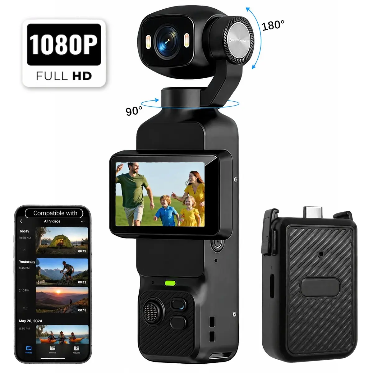 Pocket Vlogging Camera WiFi, 1080P Pocket Action POV Camcorder with LED Fill Light,180°Rotating Lens & Rotatable Screen,Portable Handheld Camera for Content Creators, Travel & Social Media Videos