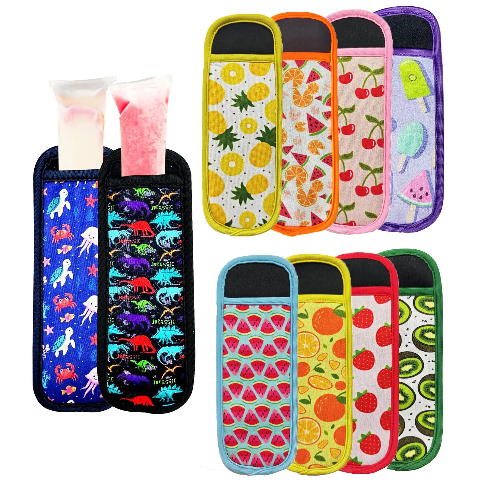 Pack Reusable Neoprene Ice Pop Sleeves: Insulated Popsicle Holders for Kids and Toddlers, Perfect Freeze Sleeve and Ice Holder for Freezer Party Fun, Dinosaur，fruit pattern，Durable and reusable popsicle holder