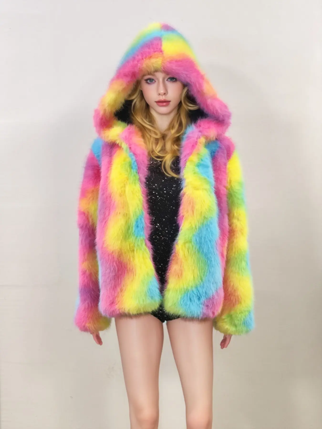 Women's Medium‑Length Loose‑Fit Hooded Faux Fur Overcoat, Colorful Warm Plush Outerwear Made of Polyester Fabric, Trendy Versatile Outfit for Holiday Celebrations & Party Events