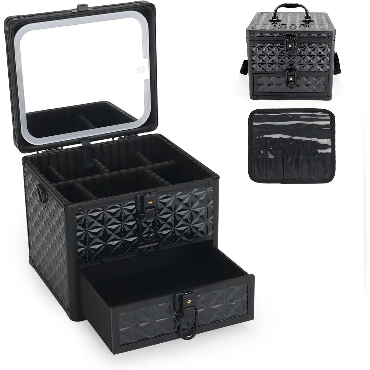 Makeup Case with Drawer, Detachable Lighted LED Mirror, Travel Vanity Organizer, Portable Cosmetic Train Case, Lockable Makeup Suitcase with Adjustable Dividers, Shoulder Strap, Brush Holder