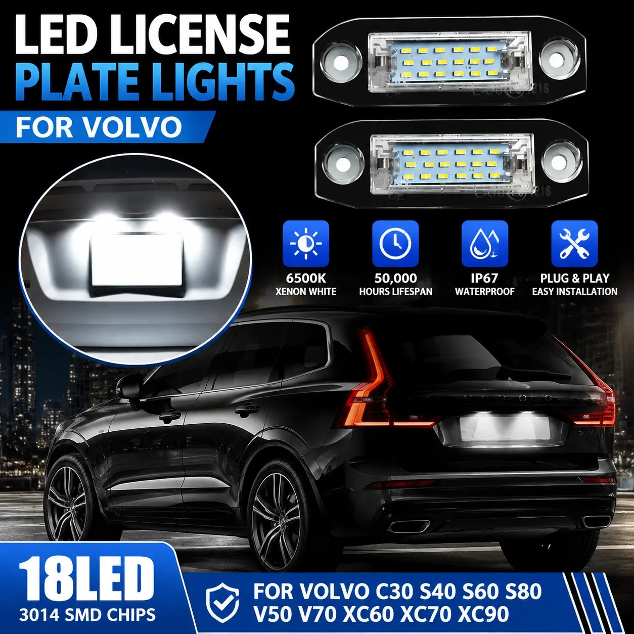 2pcs 18 LED License Plate Lights for Volvo C30 S40 S60 S80 V50 V70 XC60 XC70 XC90 2000-2013, 6500K Xenon White LED Tag Lamp, 3014 SMD Chips, Plug & Play, IP67 Waterproof, 50000H Long Life, Error Free Car Rear Number Plate Light