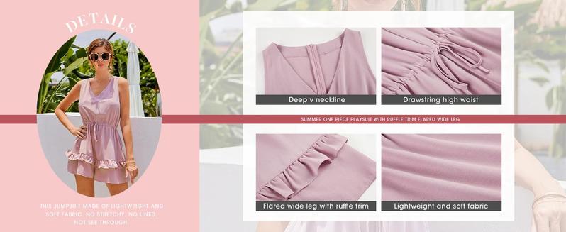 Imily Bela Womens Summer Romper V Neck Flowy Ruffle Shorts High Waist Beach Jumpsuit with Drawstring Waist & Zipper Closure - Casual