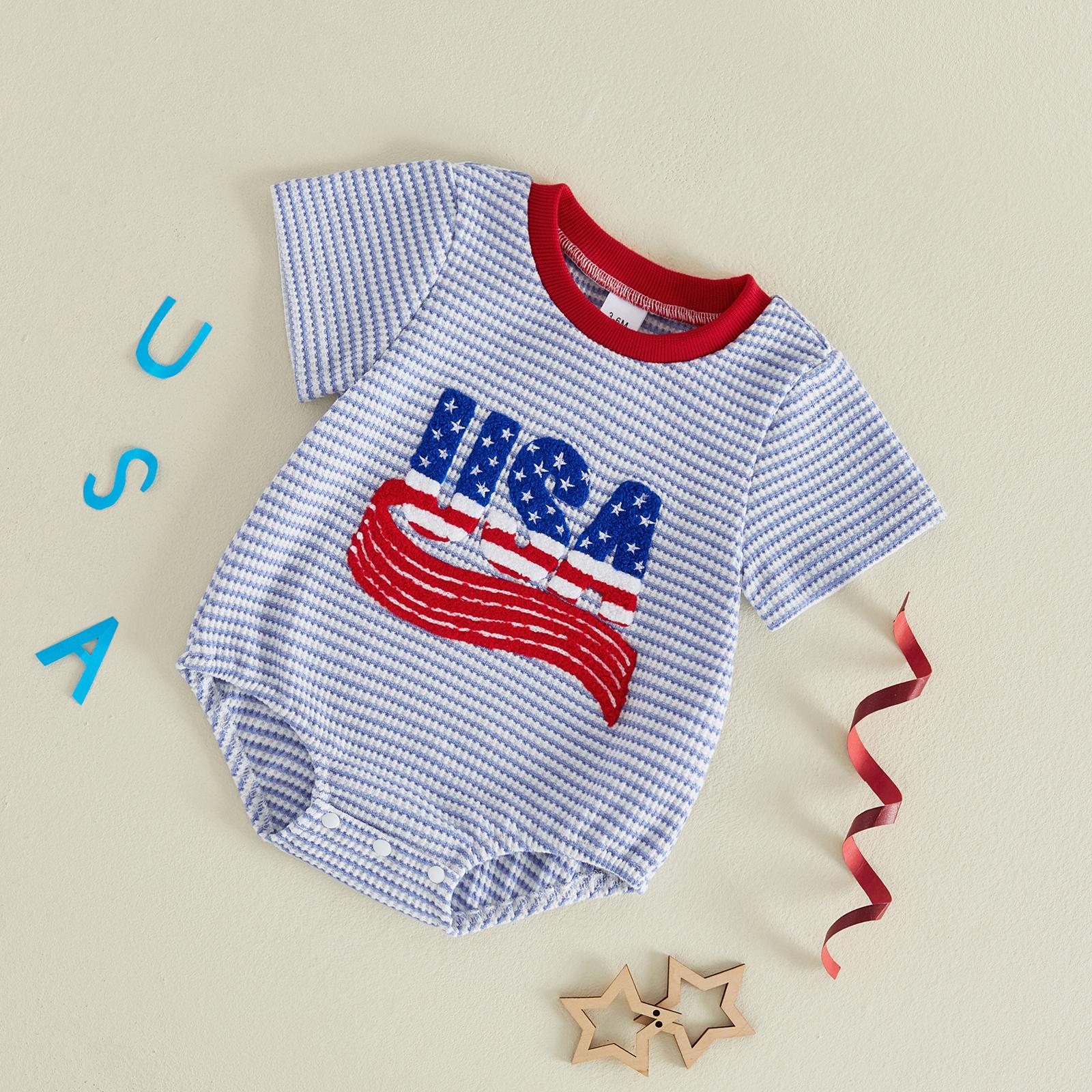 Babamoon Kids Toddler Baby Boys 4th of July Outfits Sets Waffle Short Sleeve Letter USA Embroidery Romper/Tops T shirt Striped Shorts Independence Day Clothes Set