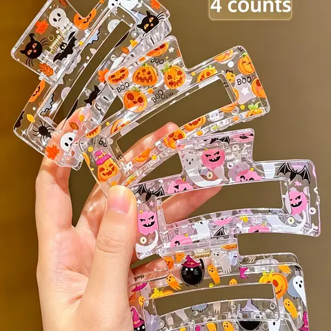 4pcs Halloween Pumpkin Ghost Print Clear Square Hair Clips, Women's Back Bun Shark Clip, Mix and Match, New Design
