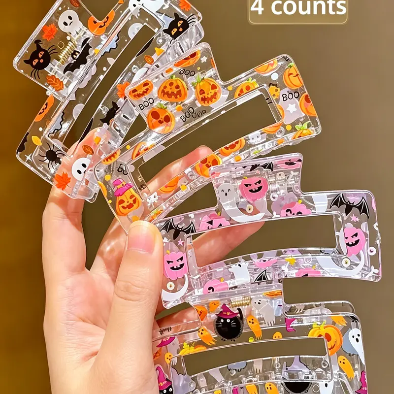 4pcs Halloween Pumpkin Ghost Print Clear Square Hair Clips, Women's Back Bun Shark Clip, Mix and Match, New Design
