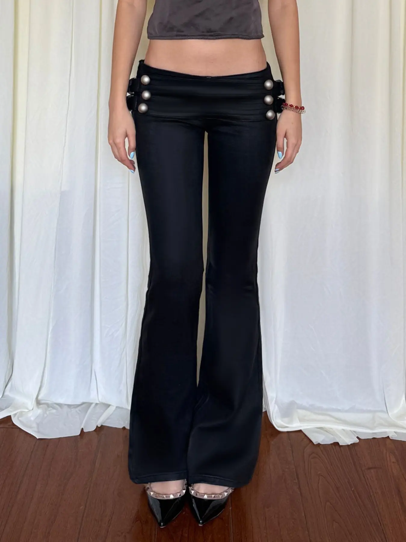 Medieval Style Metal Button Low Waist Micro Flare Pants for Women, Streetwear Fitted Work Pants, Versatile Ladies' Fashion, Bottom