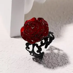 A Gothic Dark Red Rose Flower Adjustable Ring
