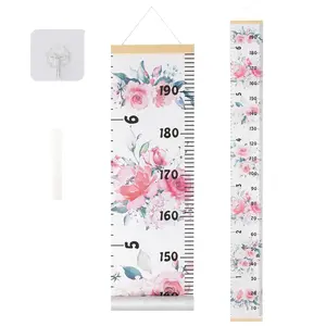 18ACTIVEKITCanvas Kids Growth Chart for Wall, Floral Height Measurement Tracker for Baby Girl, Hanging Ruler with Removable Hook, Nursery Room Playroom Toddler Bedroom Decor, 79”x7.9” Pink
