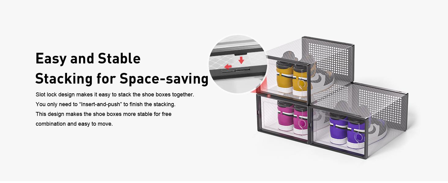 X-Large Plastic Stackable Storage Boxes Organizer 12 Pack - Clear for Shoe Rack & Holder Substitute, Black & Pink