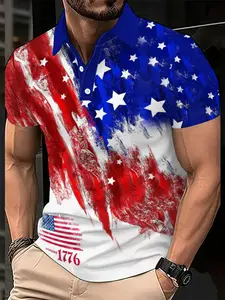 Men's Summer Fashion Casual Short Sleeve Knitted Polo Shirt, American Flag Print Design, Fitted Style for All Seasons Wear, Menswear