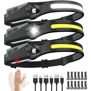Rechargeable Headlamp 3PCS, 230 °   Wide Beam Head Lamp, Motion Sensor LED Headlamp Rechargeable, 5Mode Bright Headlamps  Adults, Head Lights  Forehead, Hard Hat Headlight, Camping Essentials Gear