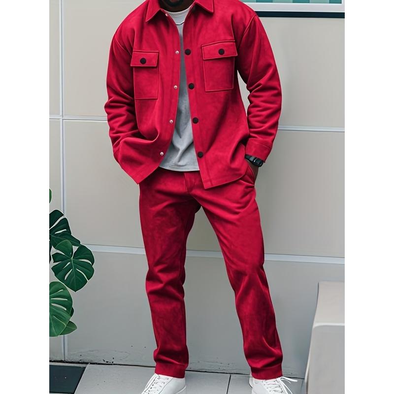 2pcs Men'S Casual Solid Color Sweatsuit Set, Polyester Knit Fabric with Slight Stretch, Regular Fit, with Lapel Collar, Button Details, for Spring/Fall - Fashionable American Style Workwear Jacket and Pants Combo