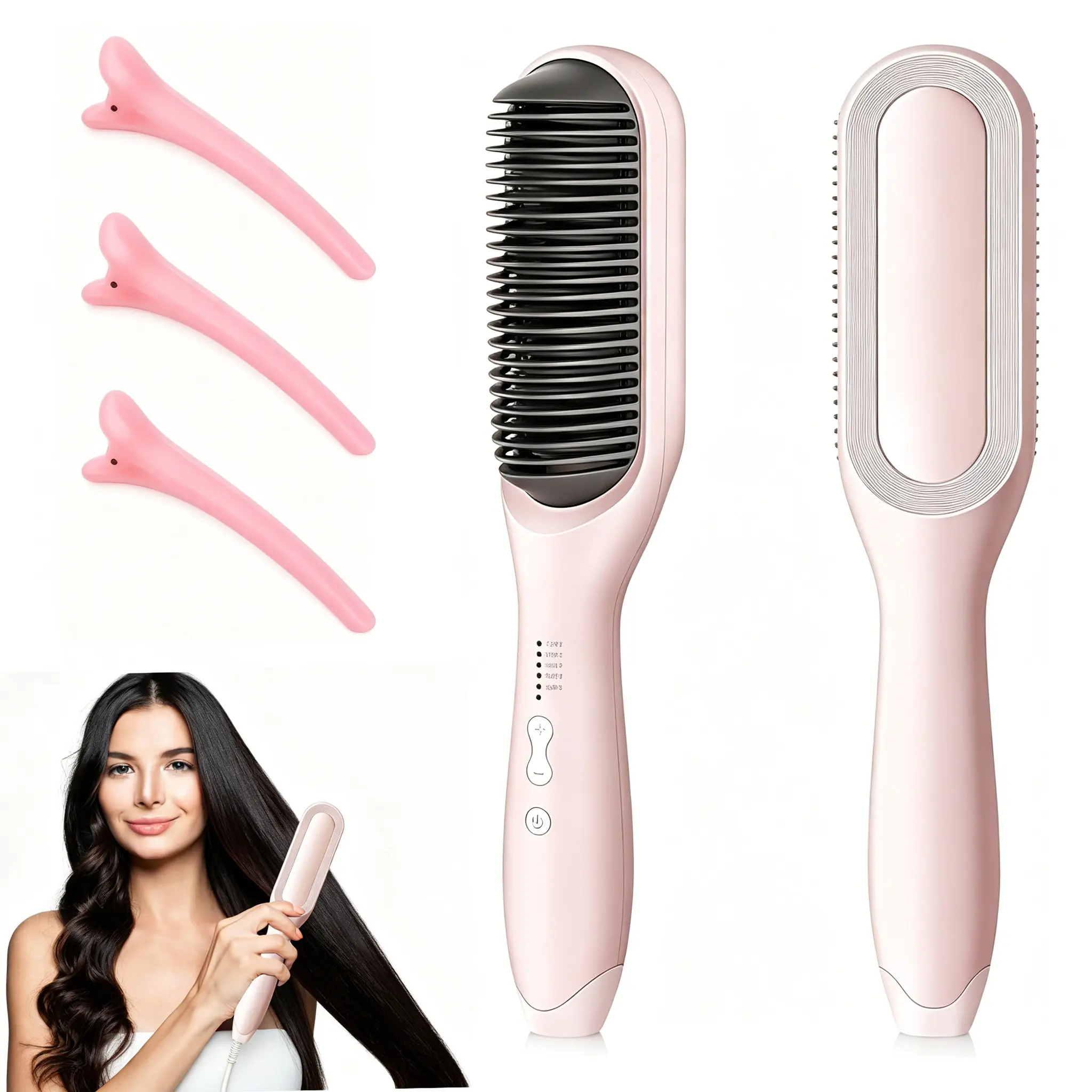 Hair Straightener Brush - Adjustable Thermal Straight Brush for Smooth Styling, 5 Temp Settings, LED Display, Anti-Scald Design, Suitable for All Hair Types, Straightening Curly Hair, Frizz